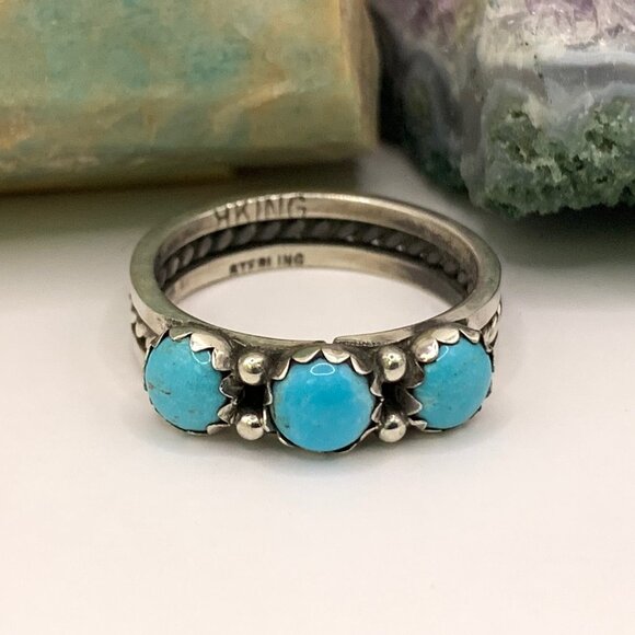 Native American Other - Three Stone Turquoise Navajo Sterling Silver 925 Unisex Ring R King Sz 9.25 J799